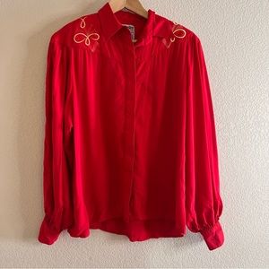 Vintage Wrangler Western Wear Apparel Red Pleated Button Down Blouse Size Large